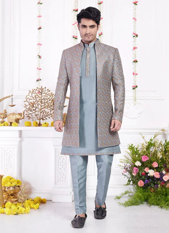 Men's Grey Blue Art Silk Thread Work Indo Western Set