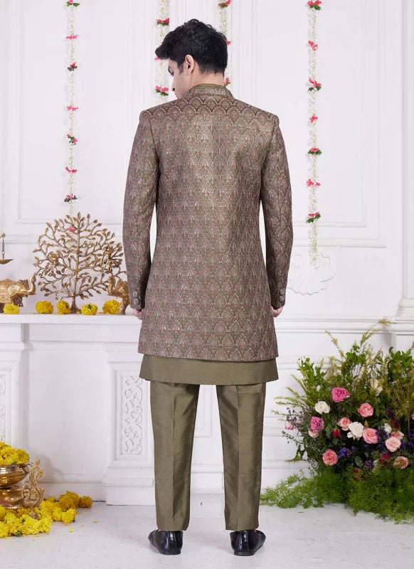 Men's Green Art Silk Thread Work Indo Western Set