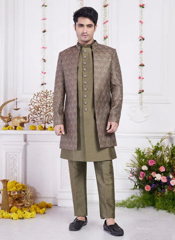 Men's Green Art Silk Thread Work Indo Western Set