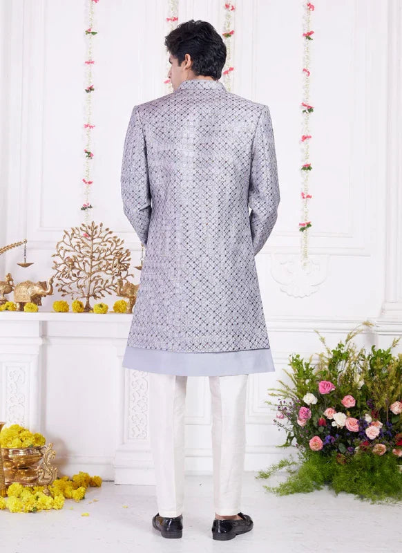 Men's Grey Art Silk Thread Work Indo Western Set