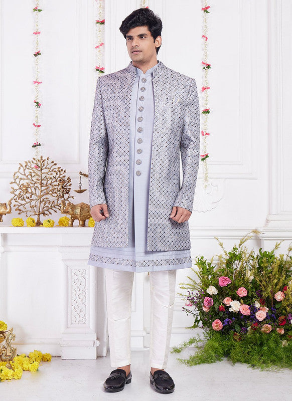 Men's Grey Art Silk Thread Work Indo Western Set