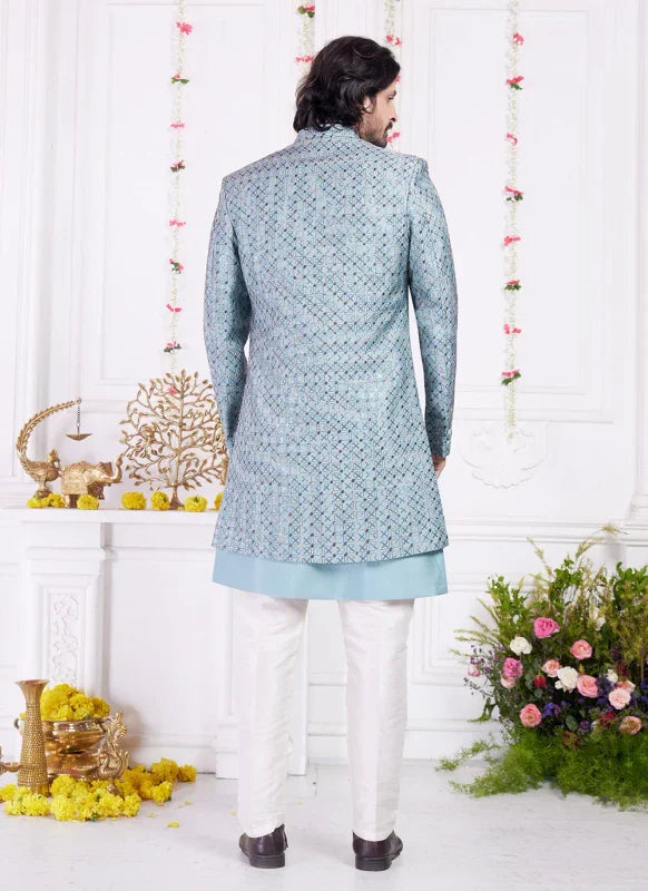 Men's Blue Art Silk Thread Work Indo Western Set