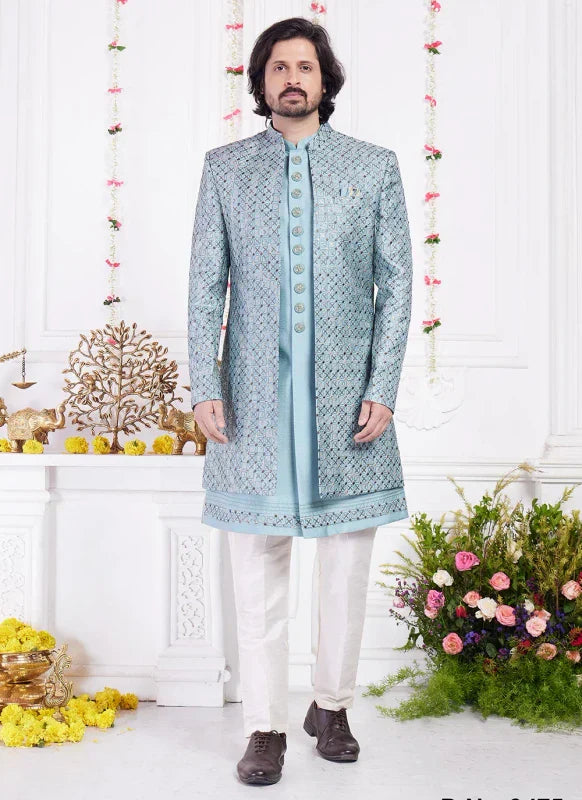 Men's Blue Art Silk Thread Work Indo Western Set