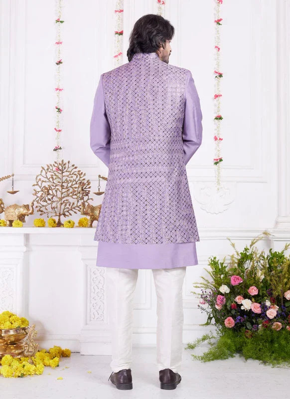 Men's Purple Art Silk Thread Work Indo Western Set