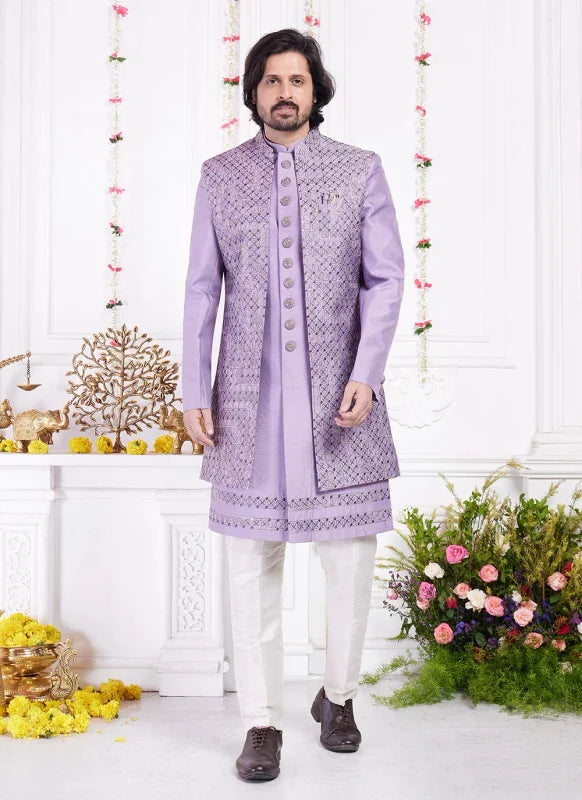 Men's Purple Art Silk Thread Work Indo Western Set