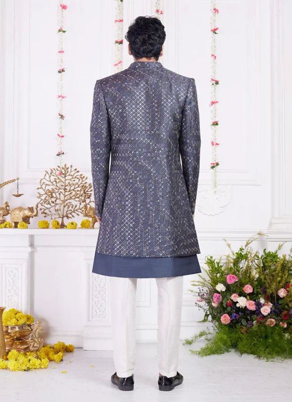 Men's Dark Grey Art Silk Thread Work Indo Western Set