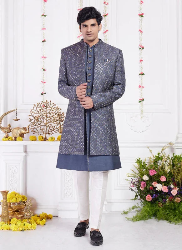 Men's Dark Grey Art Silk Thread Work Indo Western Set