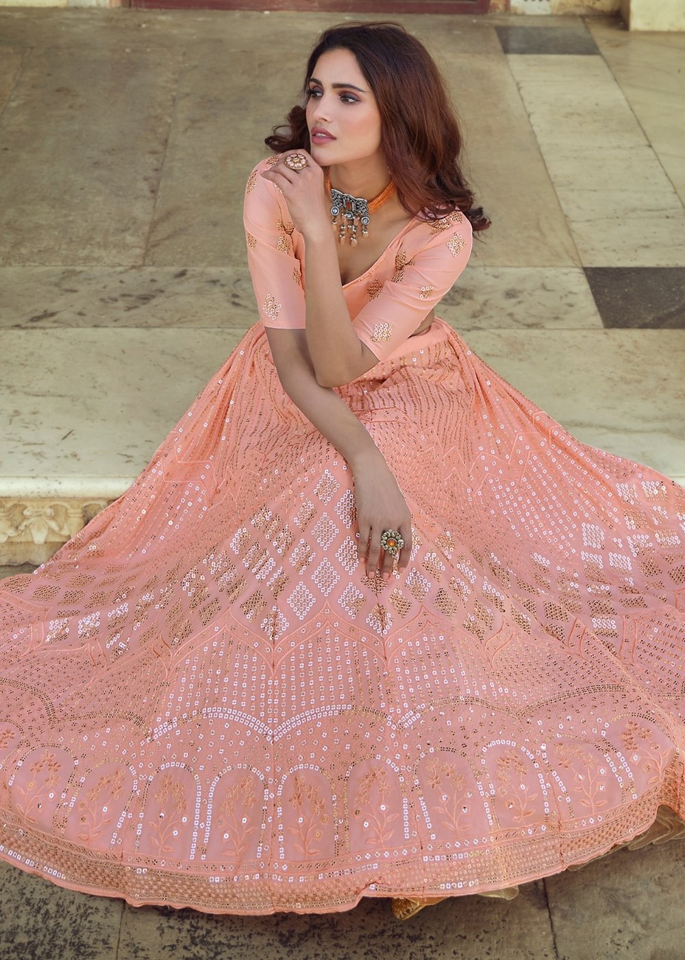 Rose Pink Georgette Lehenga Choli with Sequins & Thread work | Ready To Wear - qivii