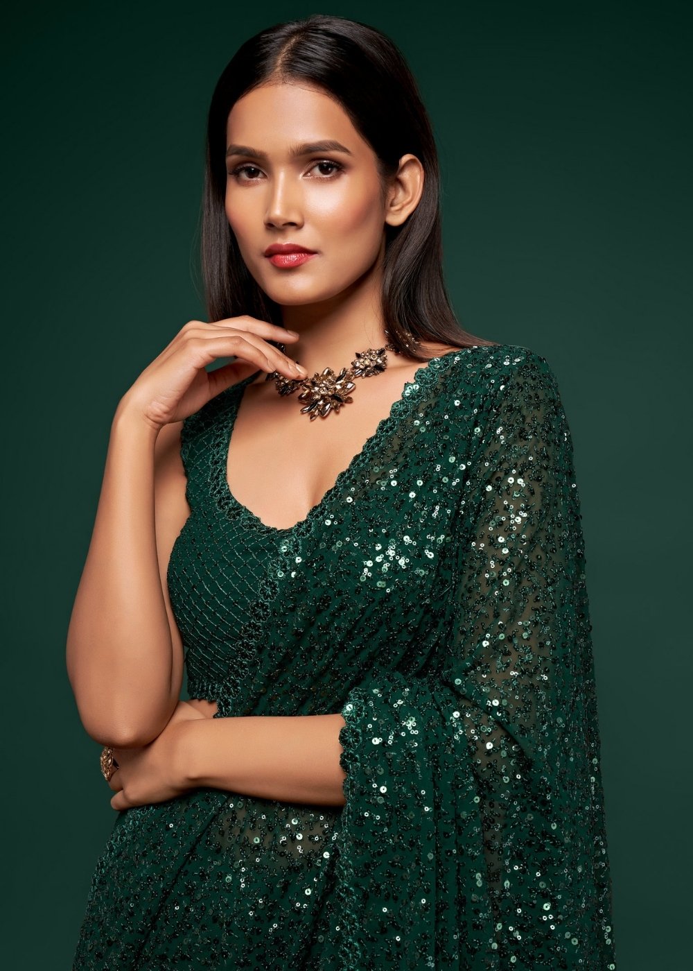 Sacramento Green Sequins & Thread Embroidered Designer Georgette Saree - qivii