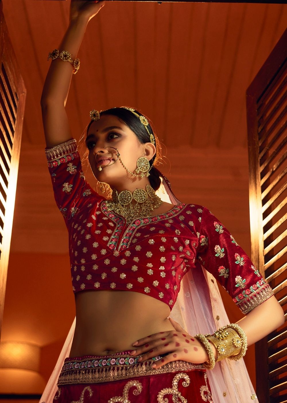 Berry Red Bridal Velvet Lehenga Choli with Embroidery & Hand work | Ready To Wear - qivii