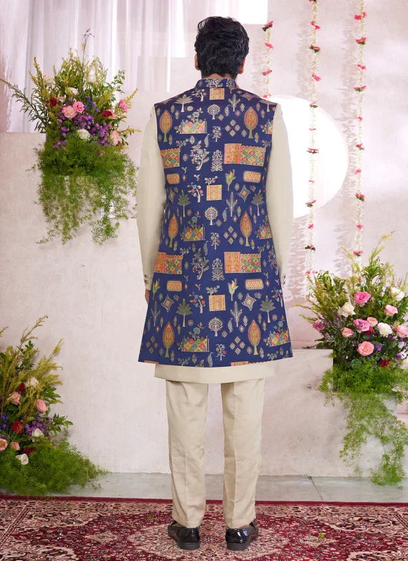 Men's Blue Jacquard Art Silk Embroidery Indo Western Set