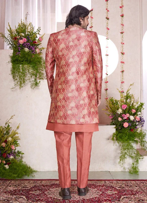 Men's Rust Art Silk Digital Printed Work Indo Western Set