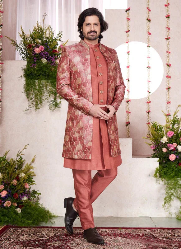 Men's Rust Art Silk Digital Printed Work Indo Western Set