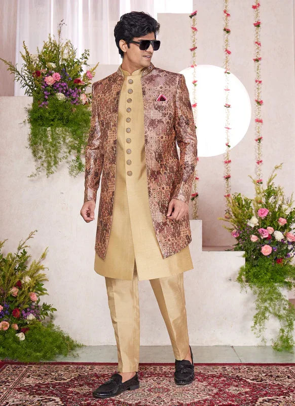 Men's Multi Color Art Silk Digital Printed Work Indo Western Set
