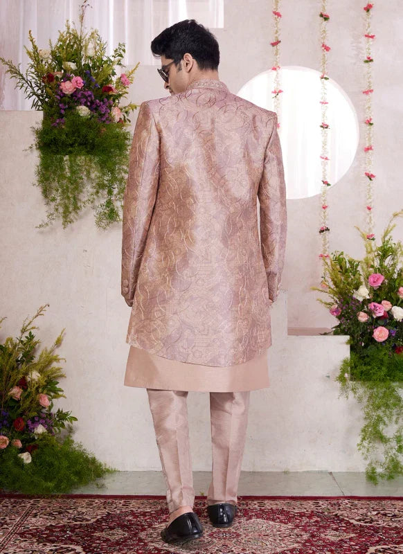 Men's Onion Pink Art Silk Digital Printed Work Indo Western Set