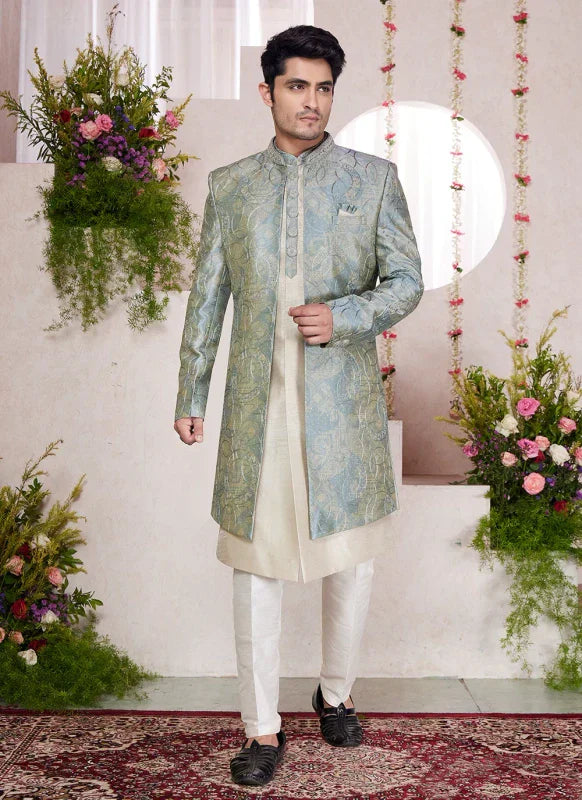 Men's Green Art Silk Digital Printed Work Indo Western Set