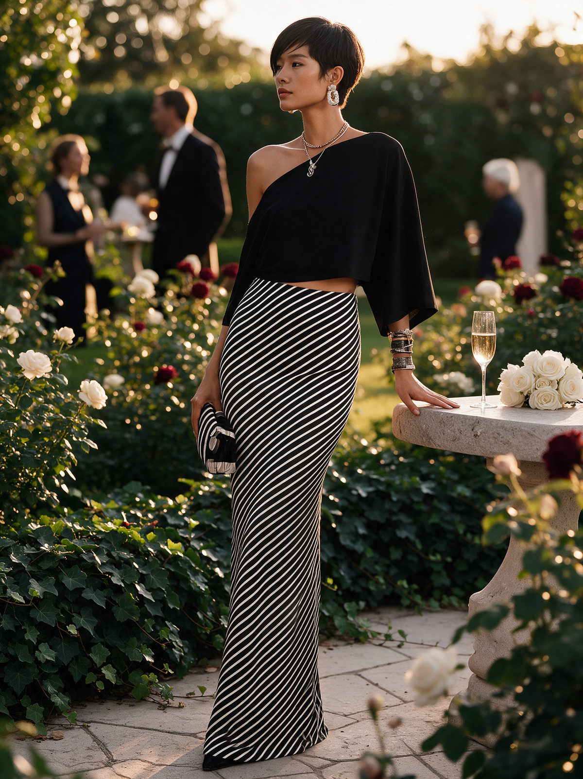 Women's Modern Elegant Black White Knit Cotton Blend One-Shoulder Striped Maxi Skirt Set MDZ2985G7GMJ