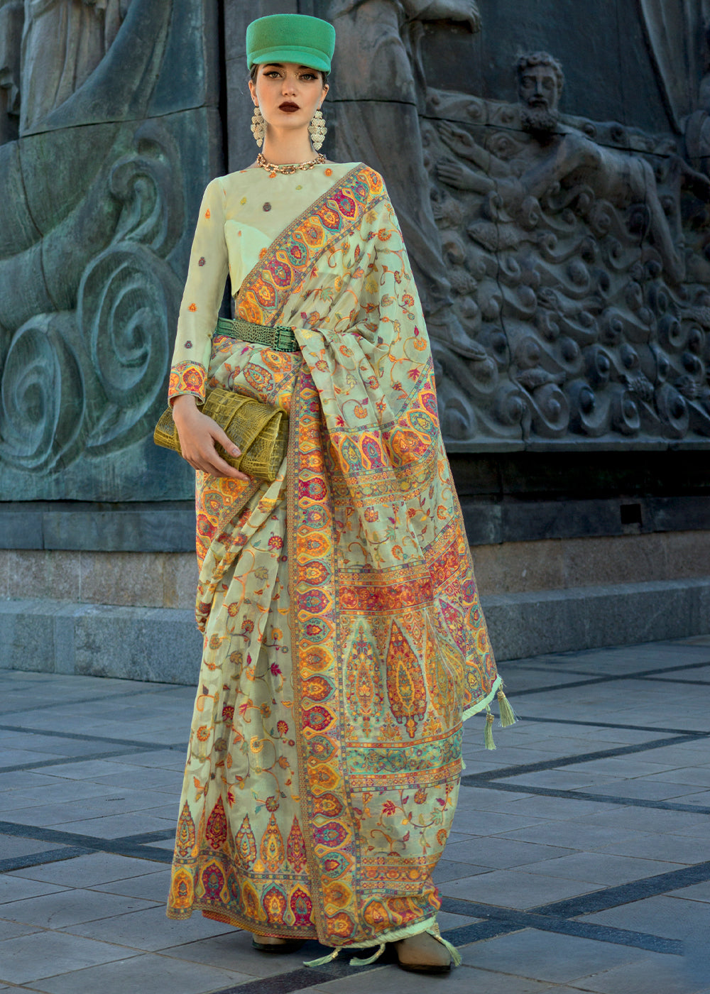 Tea Green Jamawar Woven Organza Silk Saree - qivii