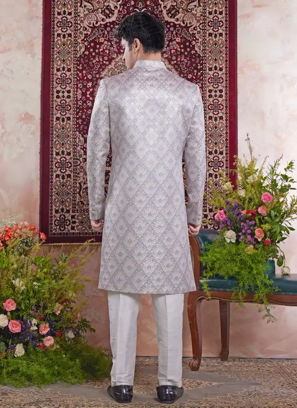 Men's Grey Banarasi Jacquard Embroidery Indo Western Set