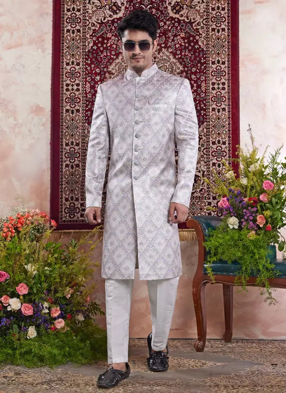 Men's Grey Banarasi Jacquard Embroidery Indo Western Set