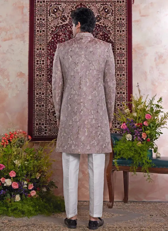 Men's Onion Pink Banarasi Jacquard Embroidery Indo Western Set
