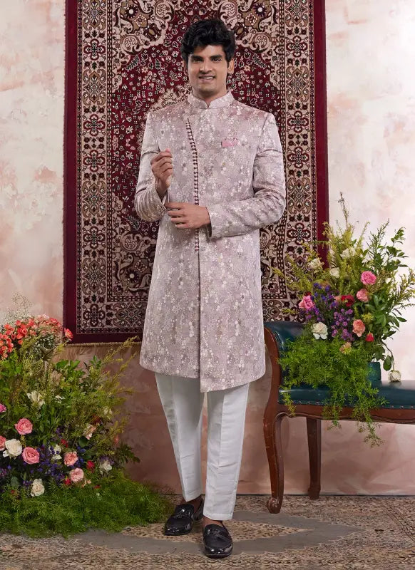 Men's Onion Pink Banarasi Jacquard Embroidery Indo Western Set