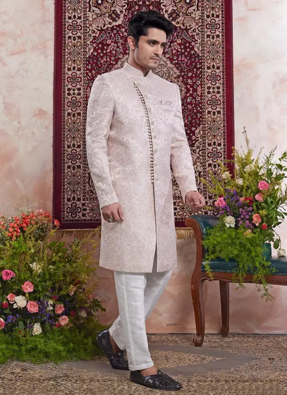Men's Peach Pink Banarasi Jacquard Embroidery Indo Western Set