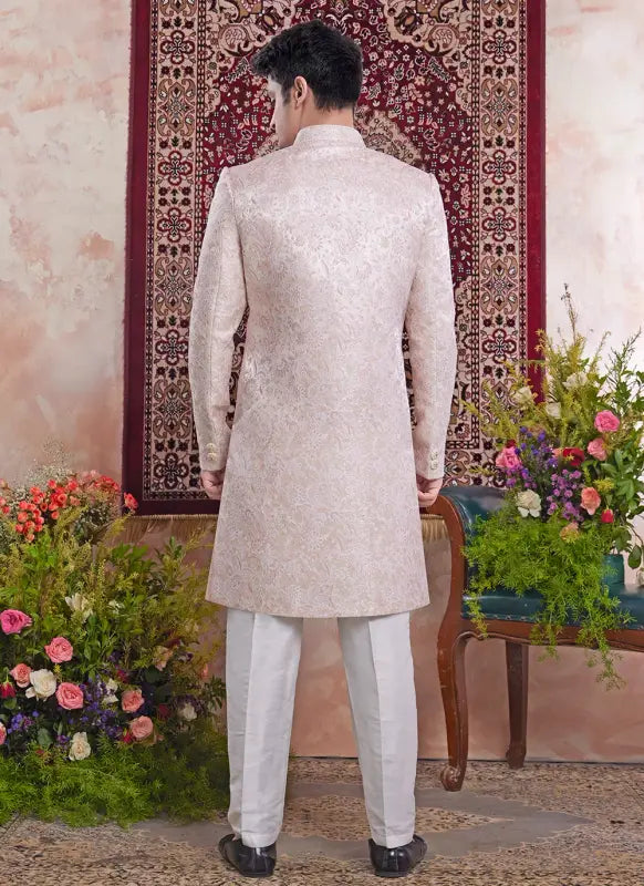 Men's Peach Pink Banarasi Jacquard Embroidery Indo Western Set