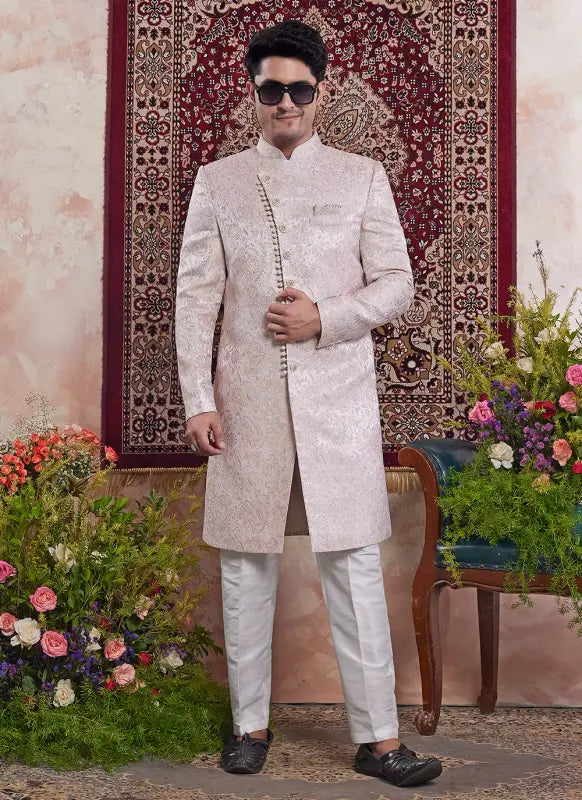 Men's Peach Pink Banarasi Jacquard Embroidery Indo Western Set