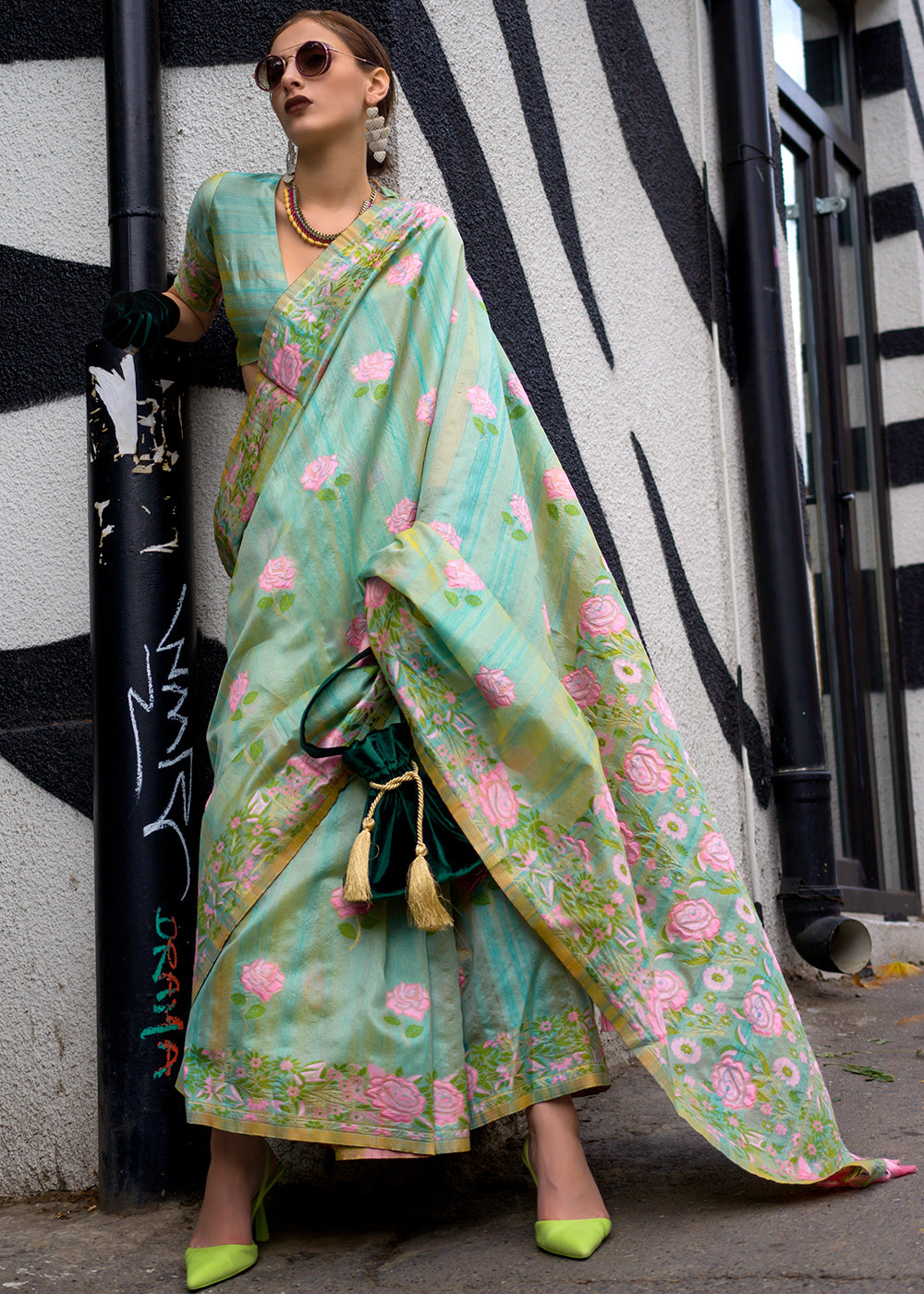 Light Green Floral Parsi Weaving Handloom Silk Saree - qivii