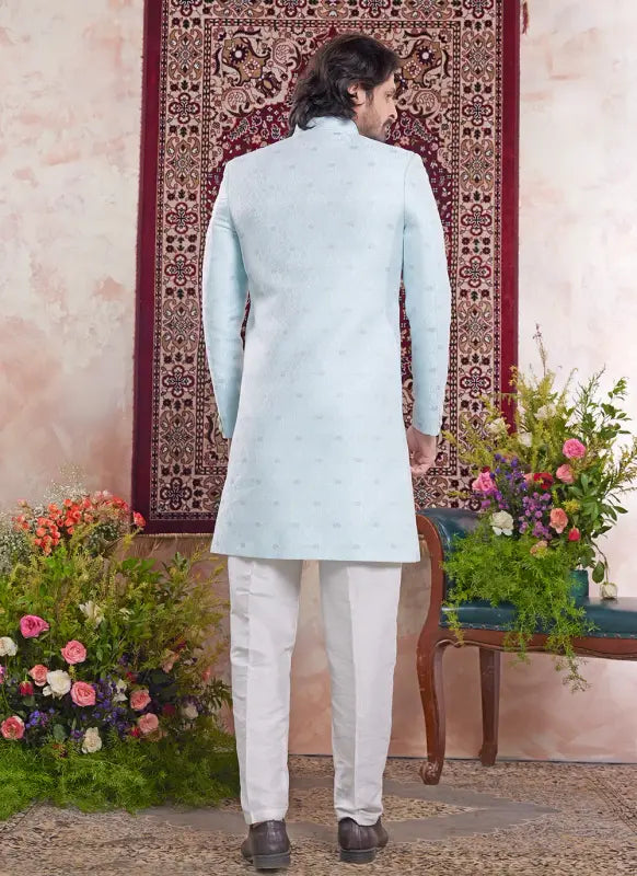 Men's Sky Blue Banarasi Jacquard Embroidery Indo Western Set