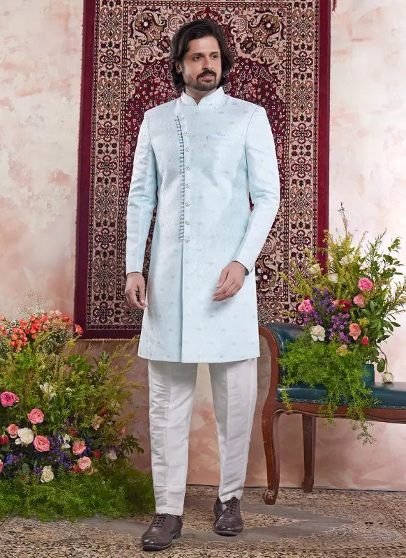 Men's Sky Blue Banarasi Jacquard Embroidery Indo Western Set