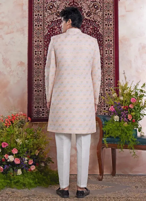 Men's Light Orange Banarasi Jacquard Embroidery Indo Western Set