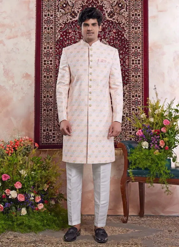 Men's Light Orange Banarasi Jacquard Embroidery Indo Western Set