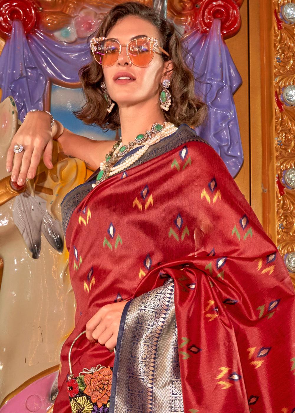 Scarlet Red Handloom Woven Banarasi Sik Saree - qivii