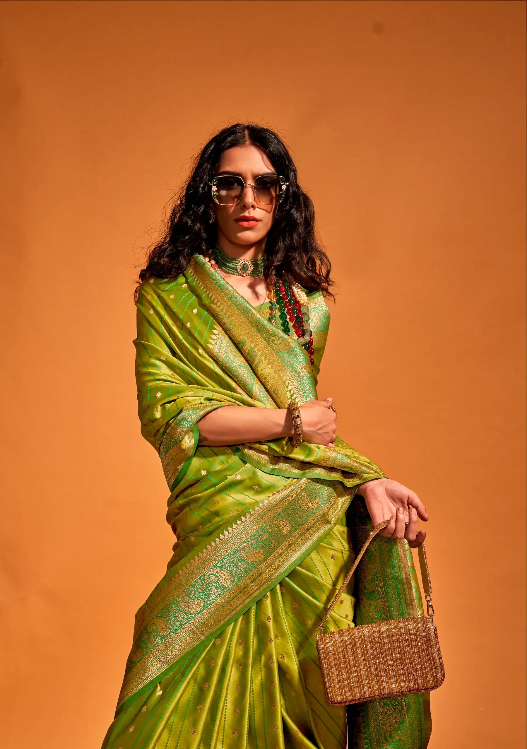 Parrot Green Satin Zari Handloom Weaving Silk Saree - qivii