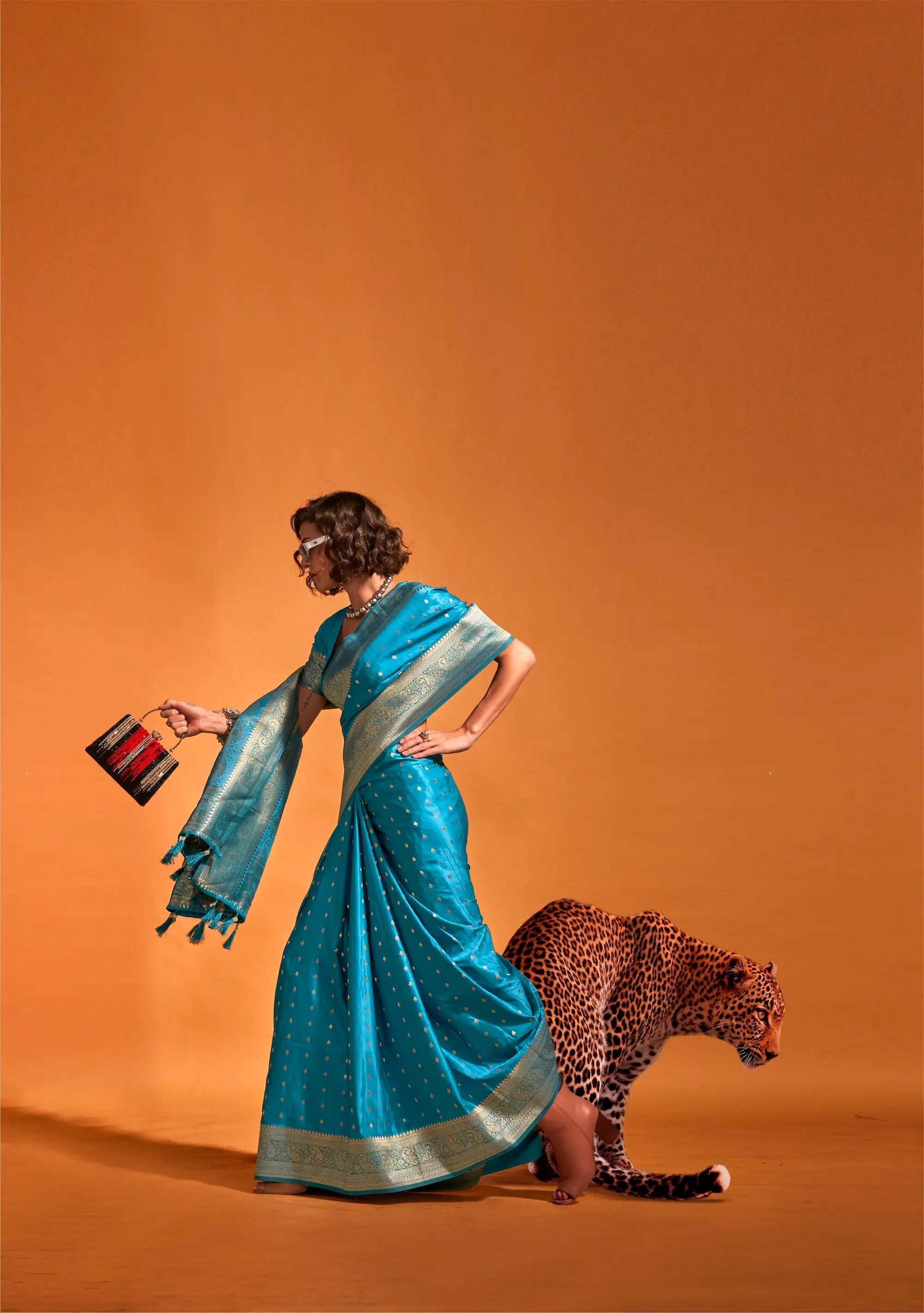 Teal Blue Satin Zari Handloom Weaving Silk Saree - qivii