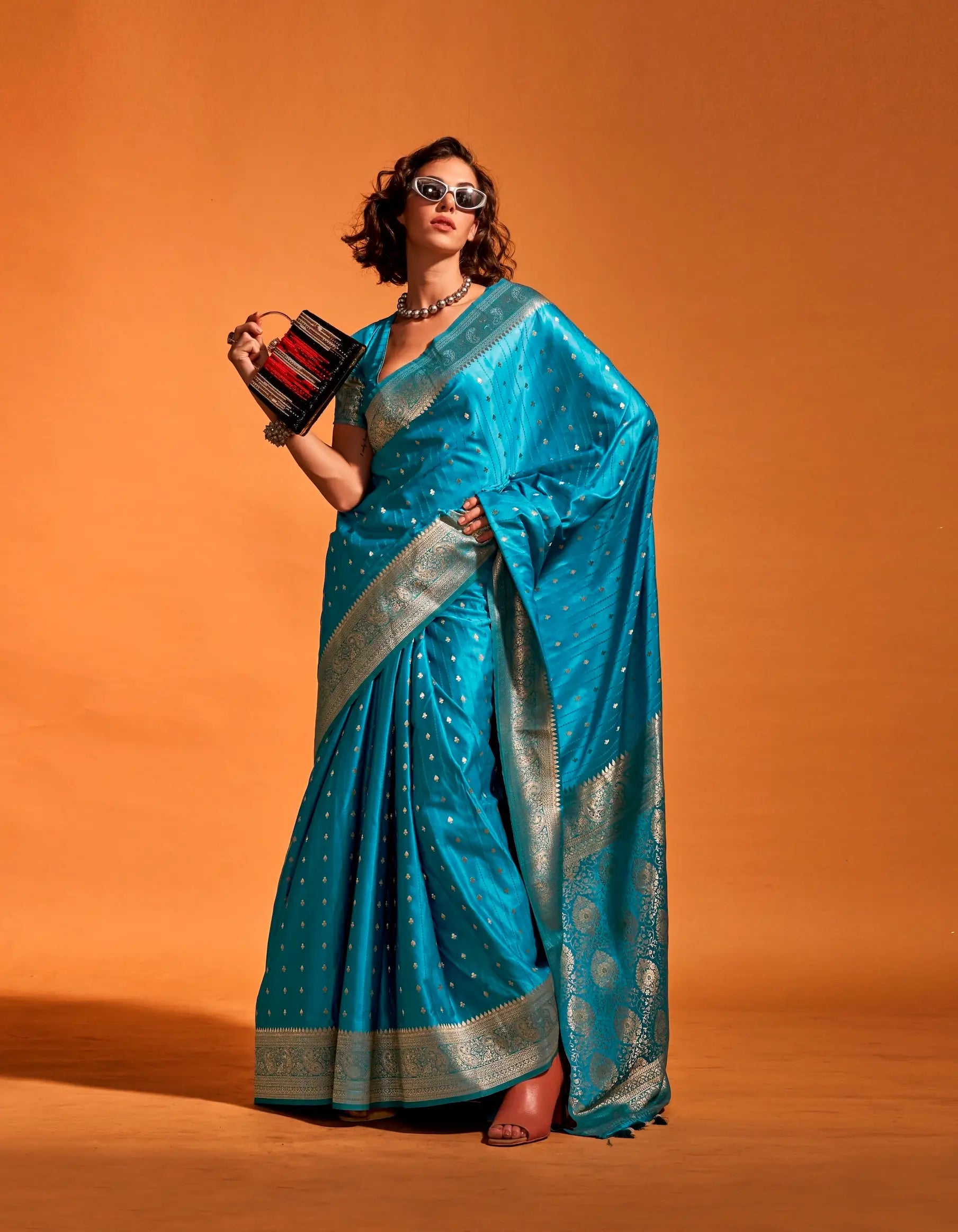 Teal Blue Satin Zari Handloom Weaving Silk Saree - qivii
