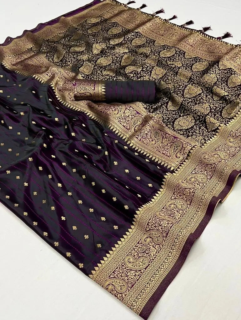 Wine Satin Zari Handloom Weaving Silk Saree - qivii