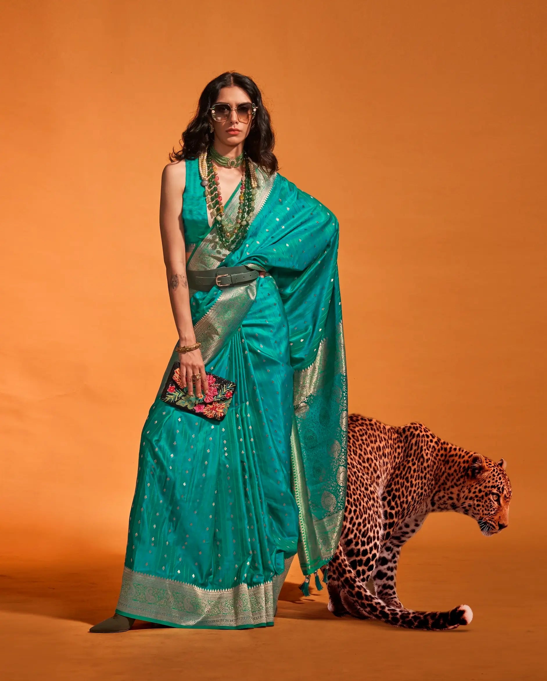 Pacific Blue Satin Zari Handloom Weaving Silk Saree - qivii