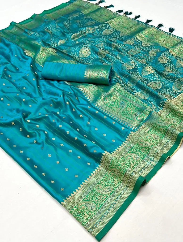 Pacific Blue Satin Zari Handloom Weaving Silk Saree - qivii