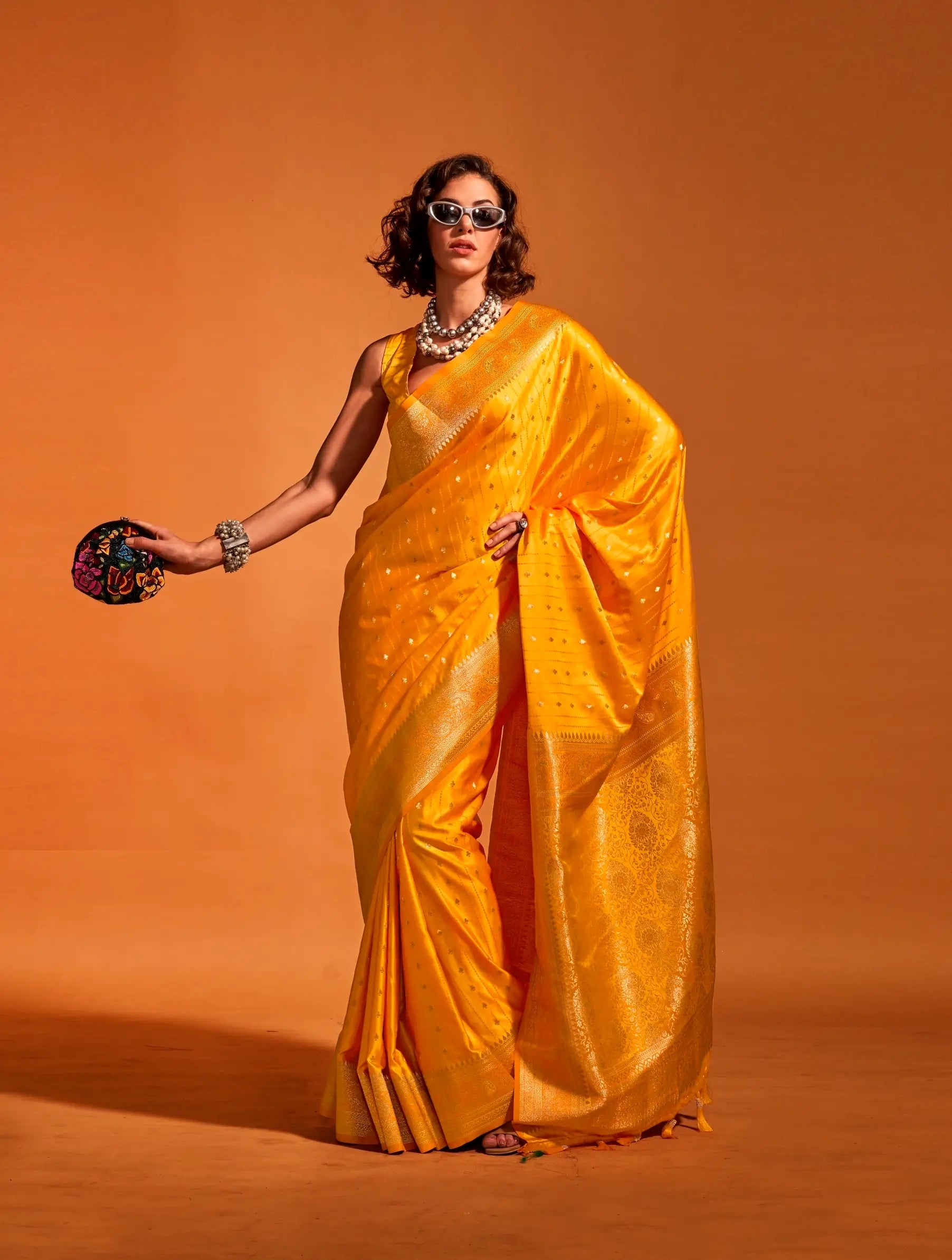 Honey Yellow Satin Zari Handloom Weaving Silk Saree - qivii