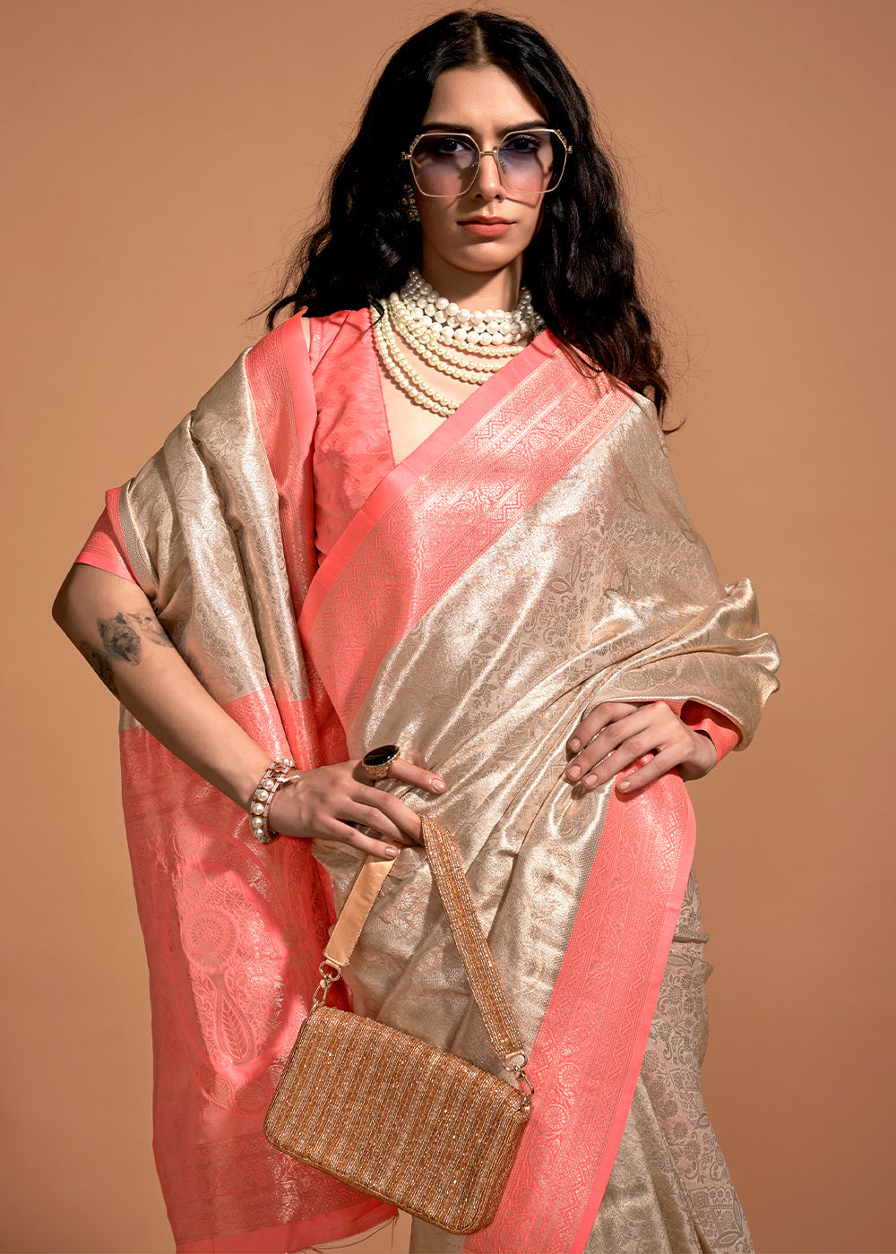 Pink & Brown Handloom Woven Kanjivaram Silk Saree - qivii
