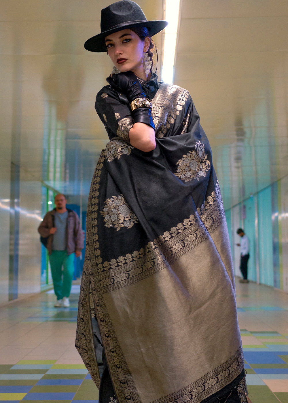Charcoal Black Handloom Woven Banarasi Silk Saree - qivii