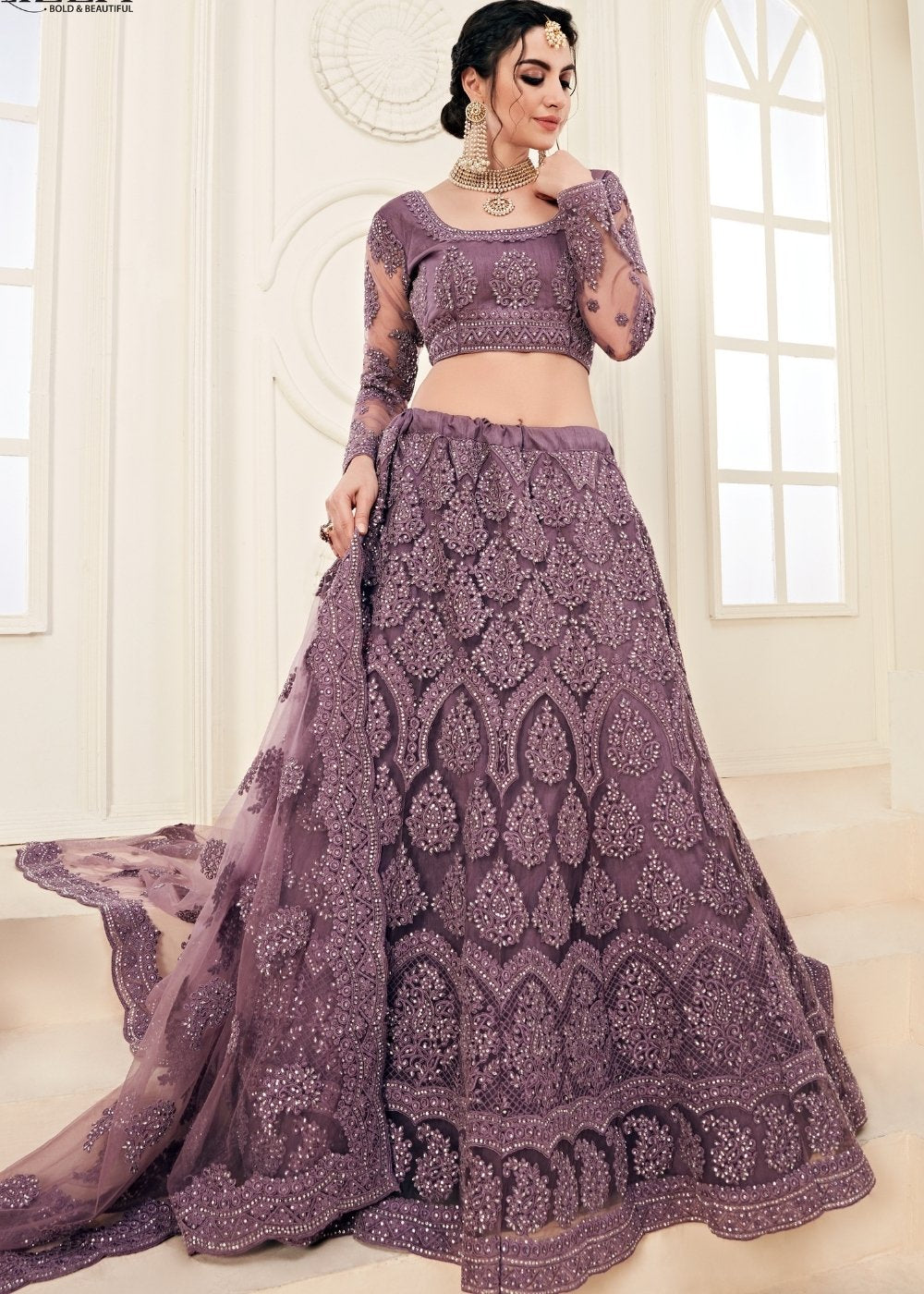 Rain Purple Soft Net Lehenga Choli with Cording Embroidery & Stonework | Ready To Wear - qivii