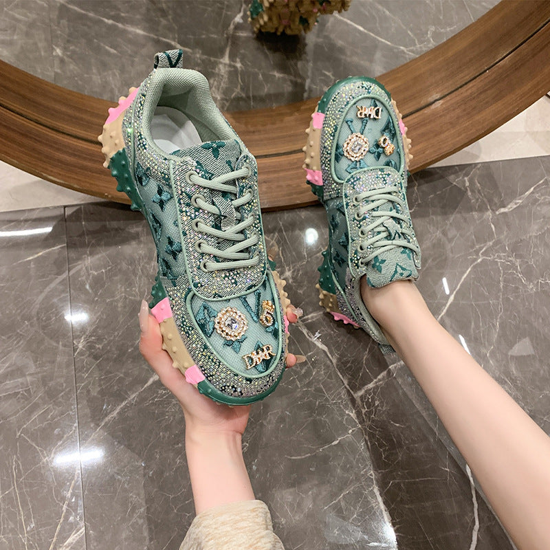 Women’s Lumira Embroidered Letter Mesh Platform Sneakers – Rhinestone Detail Chunky Sole Light Luxury Fashion Sneakers (US 4–10.5)
