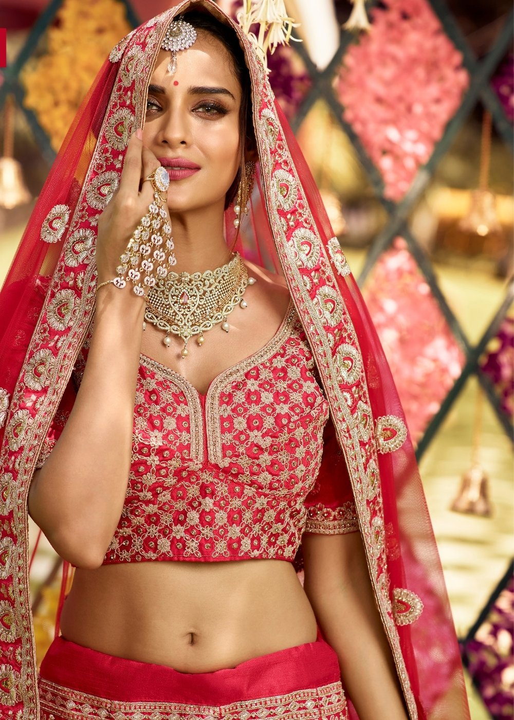 Imperial Red Raw Silk Lehenga Choli with Zari, Zarkan & Dori work | Ready To Wear - qivii