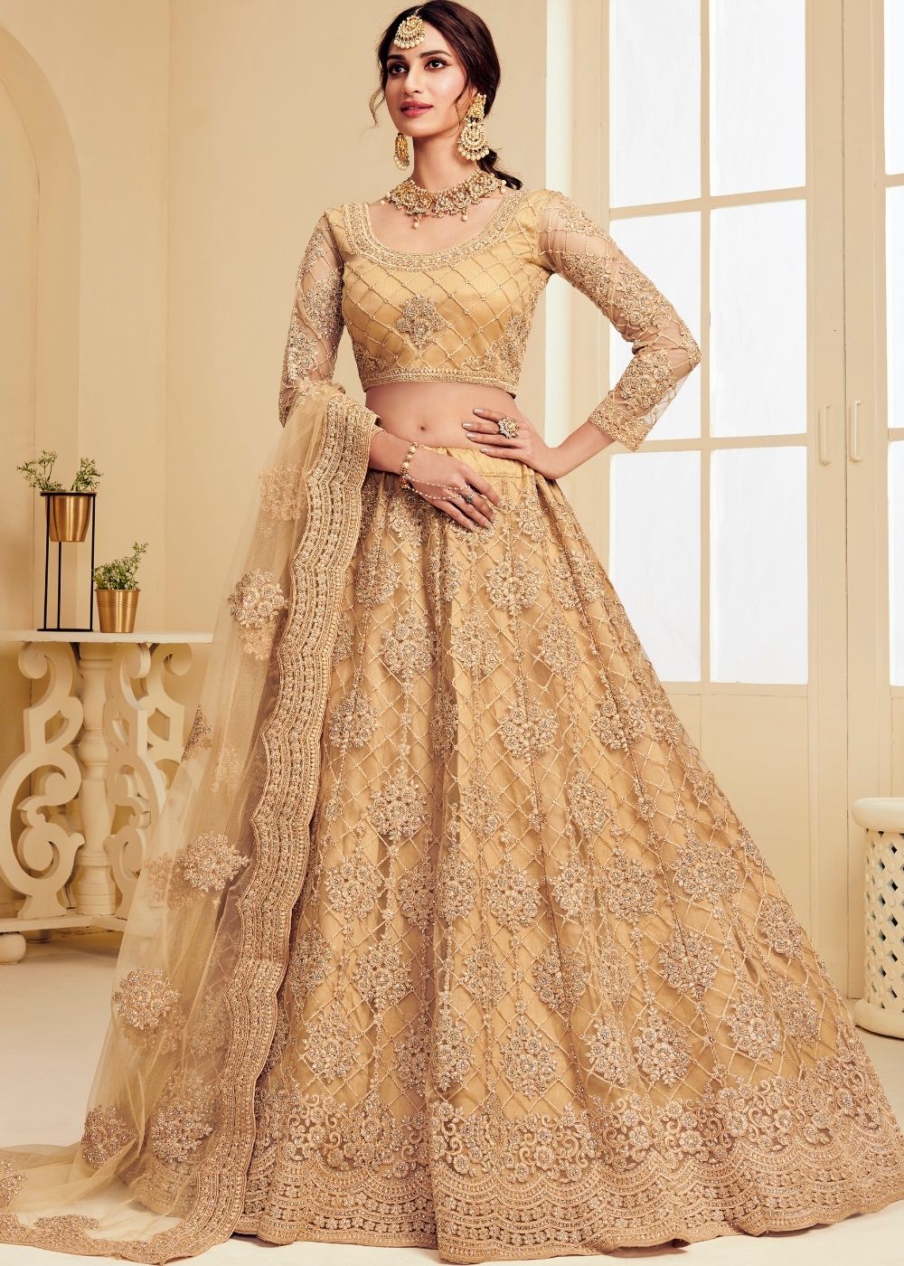 Bronze Brown Soft Net Lehenga Choli with Cording Embroidery & Stone work | Ready To Wear - qivii