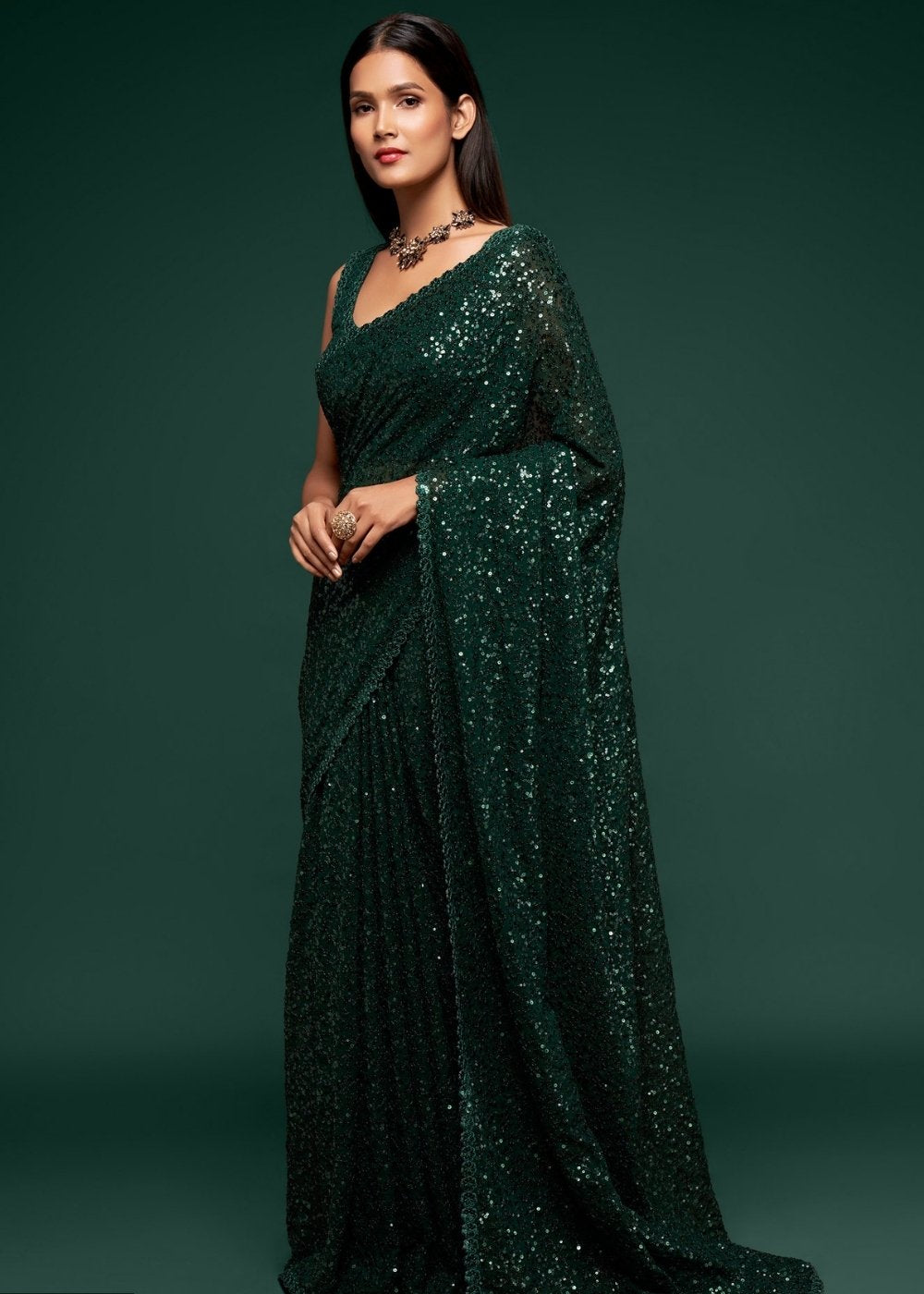 Sacramento Green Sequins & Thread Embroidered Designer Georgette Saree - qivii