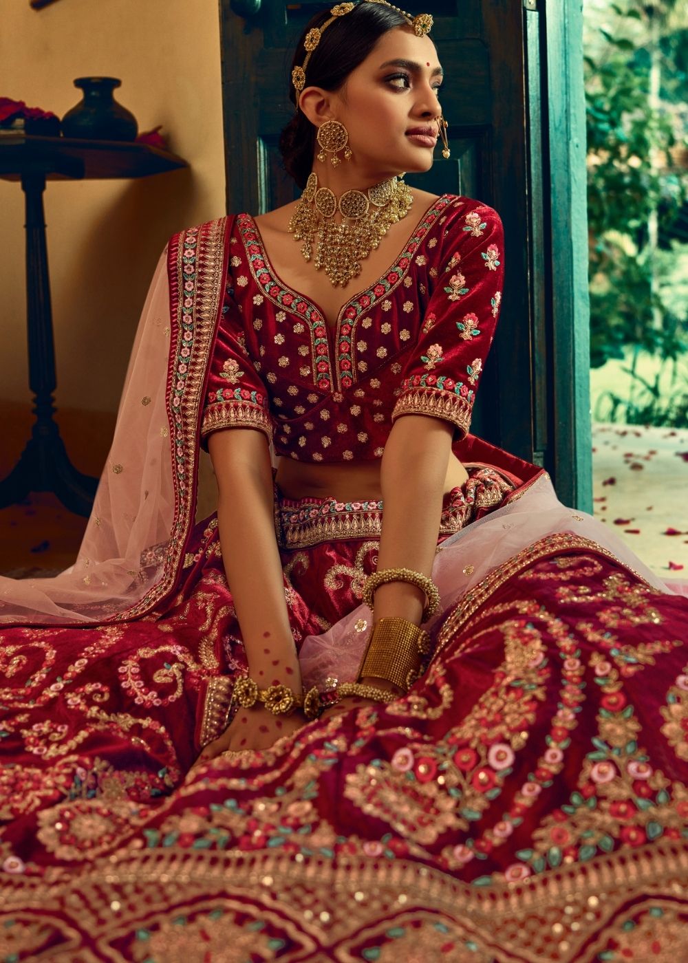 Berry Red Bridal Velvet Lehenga Choli with Embroidery & Hand work | Ready To Wear - qivii